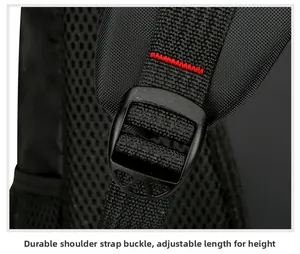 Detail of adjustable shoulder strap buckle with breathable mesh and red stitching accents