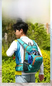 Detail of outdoor riding bag featuring integrated helmet storage net and reflective strips