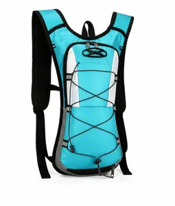 Detail of bright blue hydration backpack featuring tear-resistant nylon and 3D mesh straps