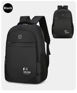 Detail view of black oxford business backpack with metal logo and mesh side pocket