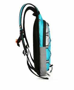 Side view of blue outdoor hydration backpack with breathable mesh and elastic cord system