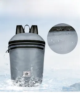 Waterproof detail of light grey high-density nylon backpack showing water droplets on fabric