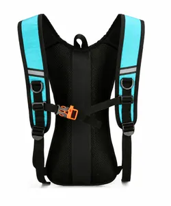Detail view of breathable mesh back panel and orange safety buckle on blue cycling backpack