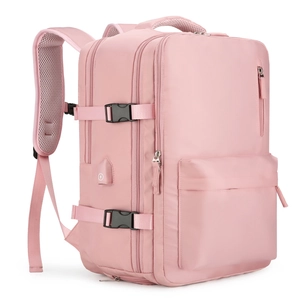 Sac à dos voyage rose grande capacité avec port USB externe et bretelles respirantes