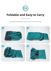 Step-by-step folding demonstration of the dark green portable nylon backpack