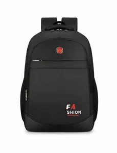 Front detail of black waterproof Oxford backpack with logo and mesh side pockets