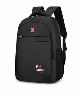 Detail view of black Oxford fabric business backpack with red shield logo and side mesh pocket