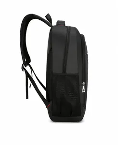 Side view of black oxford business laptop backpack with mesh pocket and metal zippers