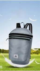 Close-up of lightweight grey-blue folding backpack with dual zipper compartments and mesh straps