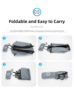 Four-step guide showing how to fold the lightweight backpack into a small storage pouch