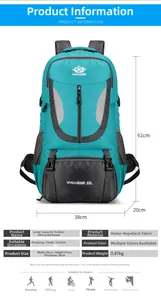 Spécifications détaillées du sac à dos étanche 60L avec dimensions de 38x61x20cm