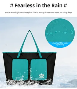Détail du sac de voyage pliable en nylon imperméable bleu et noir avec deux fermetures