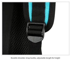 Detail of sturdy buckle on breathable mesh shoulder strap for height adjustment