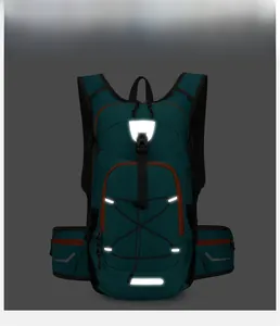 Detail showing the white reflective safety strips on the dark green outdoor backpack