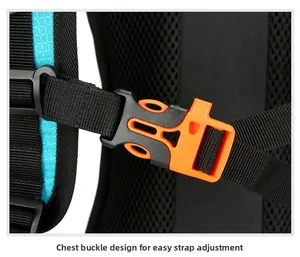 Detail of outdoor backpack chest strap with orange emergency whistle buckle and mesh strap