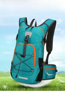 Close-up of lightweight nylon hiking backpack with reflective strips and orange zippers