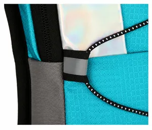 Detail of teal outdoor backpack featuring reflective safety strip and ripstop fabric texture