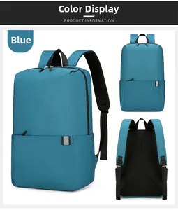 Detailansichten eines blauen Freizeitrucksacks mit atmungsaktivem Netzrücken und Reißverschluss