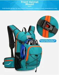Detail view of the outdoor backpack showing the front elastic helmet attachment system