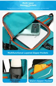 Detail of light blue nylon hiking backpack showing layered storage for tablet and water bottle