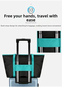 Détail du sac de voyage avec sangle arrière fixée sur la poignée d'une valise