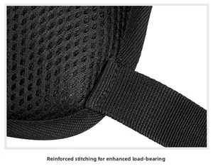 Macro detail of reinforced webbing stitching on black mesh for enhanced load-bearing capacity