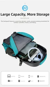 Détail de l'intérieur du sac à dos 60L montrant le grand espace pour ordinateur et gear