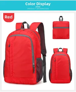 Detailed view of lightweight red foldable nylon backpack showing storage and side mesh pocket
