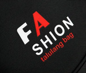 Close-up of black oxford cloth backpack with white and red fashion letter printing
