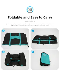 Tutoriel en 4 étapes montrant comment plier ce grand sac à dos de voyage en nylon noir