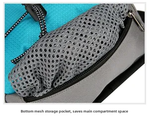 Detail of outdoor backpack with a bottom mesh storage bag to save compartment space