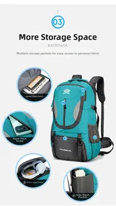 Vue détaillée du sac à dos 60L avec compartiments multiples et design bleu turquoise
