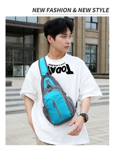 Close-up of lightweight water-resistant blue nylon chest bag worn by a model outdoors