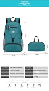 Détails du sac à dos extérieur étanche avec spécifications et texture de tissu turquoise