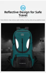 Détail d'un sac à dos de 60L avec bandes réfléchissantes pour la sécurité nocturne