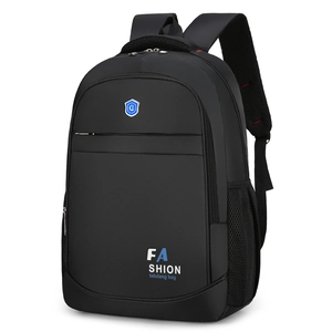Large black Oxford cloth business backpack with breathable mesh straps and blue shield logo