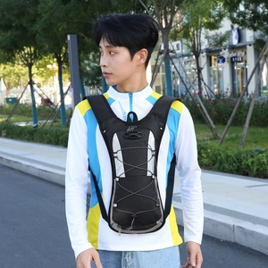 Outdoor sports hydration backpack in black with reflective strips and elastic storage cord