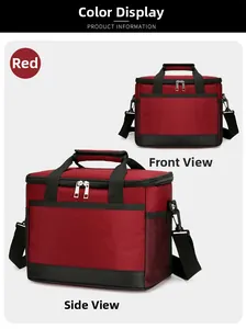 Vue avant et latérale d'un sac isotherme rouge avec poche filet et bandoulière