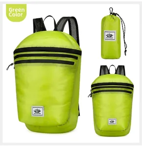 Detailed views of the foldable green outdoor backpack showing expanded and compact storage