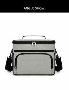 Vue de face d'un sac isotherme gris en tissu Oxford avec bandoulière réglable et filet
