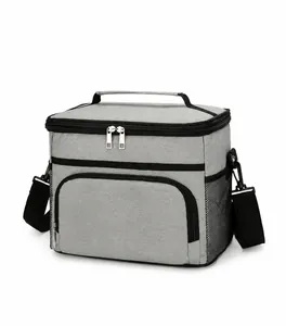 Sac à déjeuner isotherme gris avec bandoulière réglable et fermeture éclair double