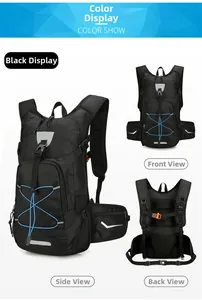 Detailed views of black outdoor backpack with mesh straps and reflective stripes