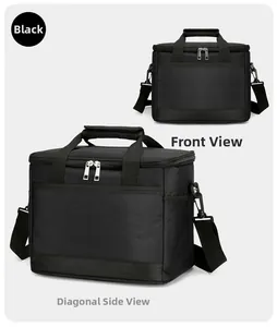 Sac isotherme en tissu oxford noir avec bandoulière réglable et poche filet latérale