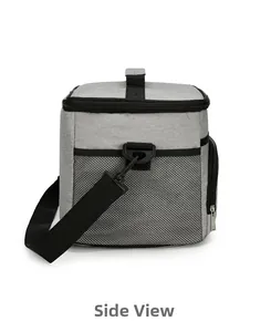 Vue latérale du sac isotherme gris avec poche en filet et bandoulière amovible
