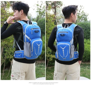Detail of outdoor cycling backpack showing ergonomic chest straps and side mesh pockets