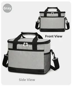 Vues de face et de côté d'un sac isotherme gris en tissu Oxford avec bandoulière amovible