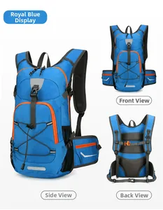 Detailed views of sapphire blue outdoor sports backpack with orange zippers and mesh straps