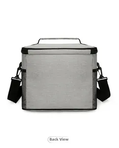 Vue arrière du sac isotherme gris avec sangles en nylon noir et poches en filet utiles