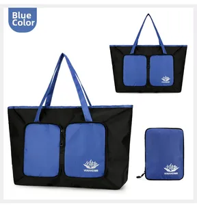 Sac fourre-tout pliable grande capacité montrant le design bleu et l'état replié