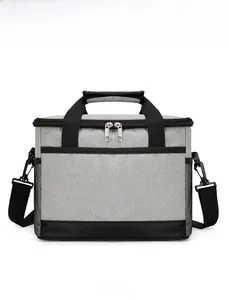 Vue de face du sac isotherme en tissu oxford gris avec poches latérales en filet
